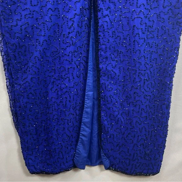 NWT Shalimar Silk Beaded Gown Med Blue Dress Evening Glam Artsy Elegant Maxi 90s